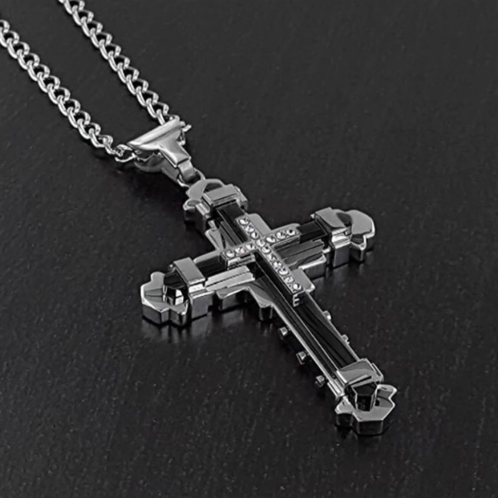 Mens Religious Lg Stainless Steel Cross Pendant Necklace w Rhinestone Crystals